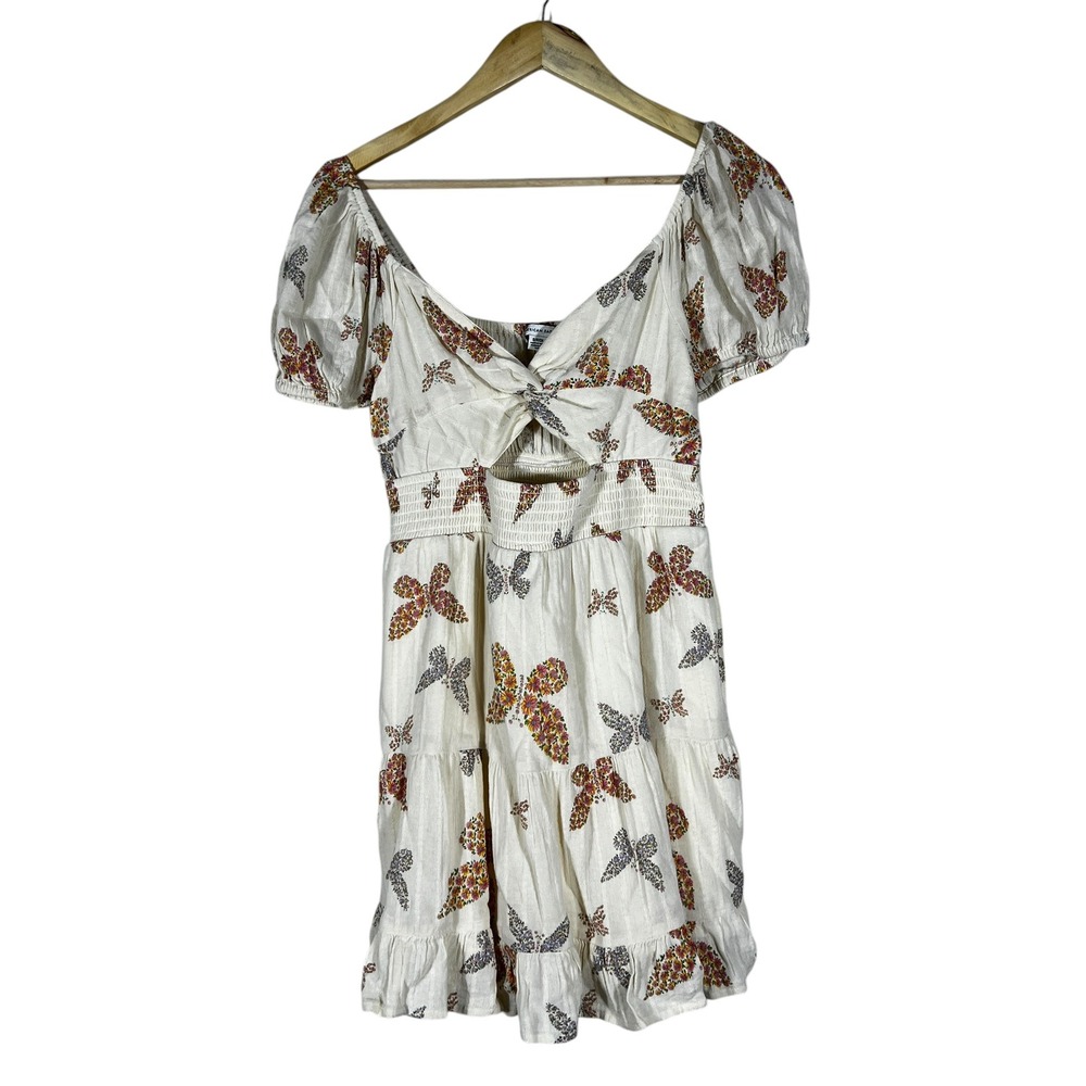 American Eagle Butterfly Floral Mini Dress Ivory Cottagecore Cutout Puff Size S